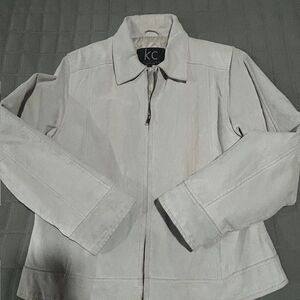 KC Collections Suede Leather Jacket Blazer Zip Front Collared Pockets Gray Med